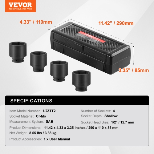 VEVOR Axle Nut Impact Socket Set, 1/2" Drive 6-Point 4-Piece SAE Spindle Nut Socket Set, CR-MO Heat Treated Large Socket Set with Storage Case,