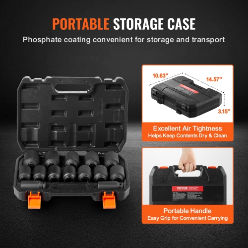 VEVOR Axle Nut Impact Socket Set, 1/2" Drive Deep 6+12-Point 14-Piece Metric Spindle Nut Socket Set, CR-V Heat Treated Socket Set with Storage Case,