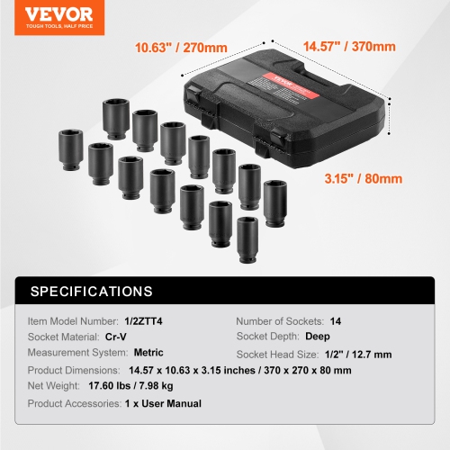 VEVOR Axle Nut Impact Socket Set, 1/2" Drive Deep 6+12-Point 14-Piece Metric Spindle Nut Socket Set, CR-V Heat Treated Socket Set with Storage Case,