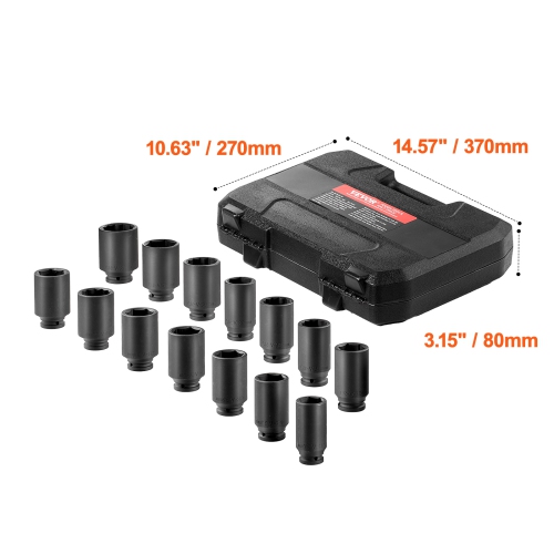 VEVOR Axle Nut Impact Socket Set, 1/2" Drive Deep 6+12-Point 14-Piece Metric Spindle Nut Socket Set, CR-V Heat Treated Socket Set with Storage Case,