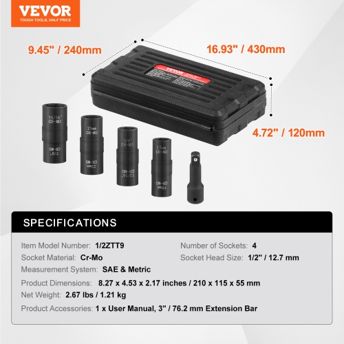 VEVOR Lug Nut Impact Socket Set, 1/2 inch Drive Metric and SAE 6-Point Flip Socket Set, 4 Total Lug Nut Sizes, CR-MO Steel Wheel Socket Set with