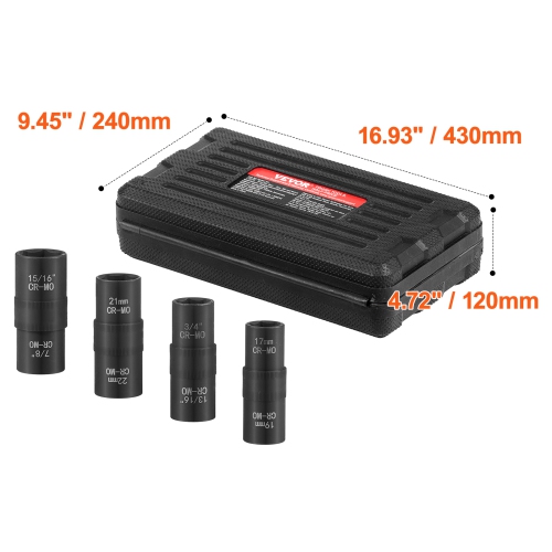 VEVOR Lug Nut Impact Socket Set, 1/2 inch Drive Metric and SAE 6-Point Flip Socket Set, 4 Total Lug Nut Sizes, CR-MO Steel Wheel Socket Set with