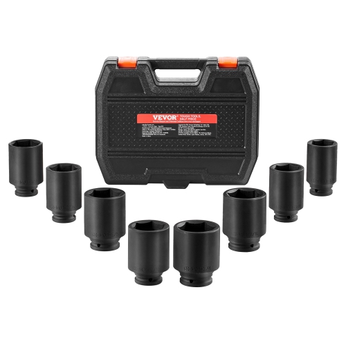 VEVOR Axle Nut Impact Socket Set, 3/4" Drive Deep 6-Point 8-Piece SAE Spindle Nut Socket Set, CR-MO Heat Treated Socket Set with Storage Case,