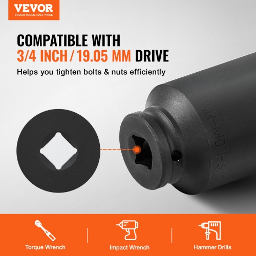 VEVOR Axle Nut Impact Socket Set, 3/4" Drive Deep 6-Point 8-Piece SAE Spindle Nut Socket Set, CR-MO Heat Treated Socket Set with Storage Case,