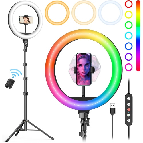 12" Ring Light with Stand 72" Tall & 2 Phone Holders,38 Color Modes Selfie LED Ring Light with Tripod Stand for iPhone/Android,Big Ring Light for