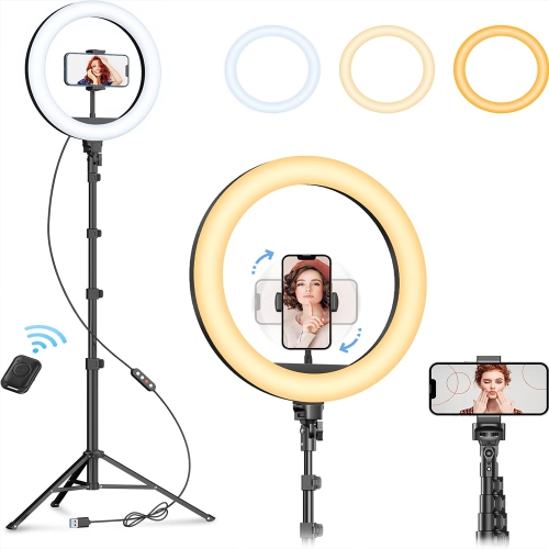12" Selfie Ring Light with 63" Tripod Stand, Dimmable LED Ring Light with Phone Holder and Wireless Remote, [2-in-1] RGB & Selfie Stick for