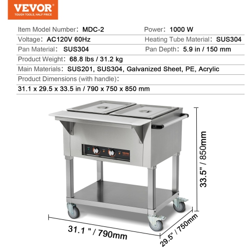 VEVOR 2-Pan Commercial Food Warmer, 2 x 20.6QT Electric Steam Table, 1000W Professional Buffet Catering Food Warmer with 4 Wheels, Food Grade