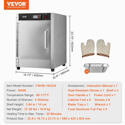 VEVOR 4-Tier Hot Box Food Warmer, Concession Warmer with Water Tray, 4 Pans,Single-door and Adjustable Shelves, Stainless Steel Food Warmer Cabinet,