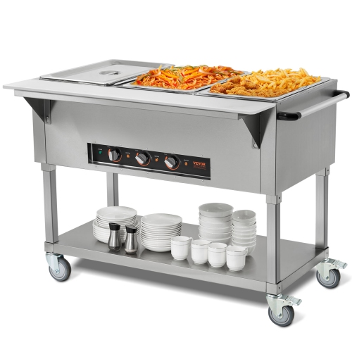 VEVOR 3-Pan Commercial Food Warmer, 3 x 20.6QT Electric Steam Table, 1500W Professional Buffet Catering Food Warmer with 4 Wheels, Food Grade