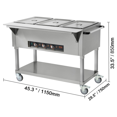 VEVOR 3-Pan Commercial Food Warmer, 3 x 20.6QT Electric Steam Table, 1500W Professional Buffet Catering Food Warmer with 4 Wheels, Food Grade