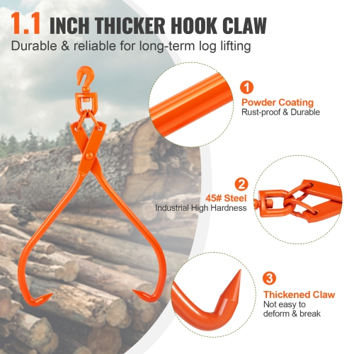 VEVOR 32 inch 2 Claw Log Skidding Tongs, Heavy Duty Rotating Steel Lumber Skidding Tongs, 1543 lbs/700 kg Loading Capacity, Log Lifting, Handling,
