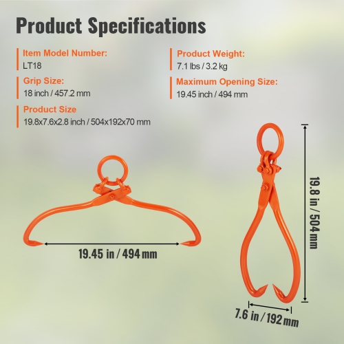 VEVOR 18 inch Log Skidding Tongs,2 Claw Log Lifting Tongs, Heavy Duty Steel Lumber Skidding Tongs, 772 lbs/350 kg Loading Capacity, Log Lifting,