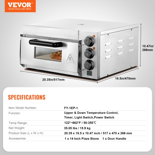 VEVOR 14" Commercial Pizza Oven Countertop, Single Deck Layer, Stainless Steel Electric Pizza Oven with Stone and Handle, Multipurpose Pizza Maker