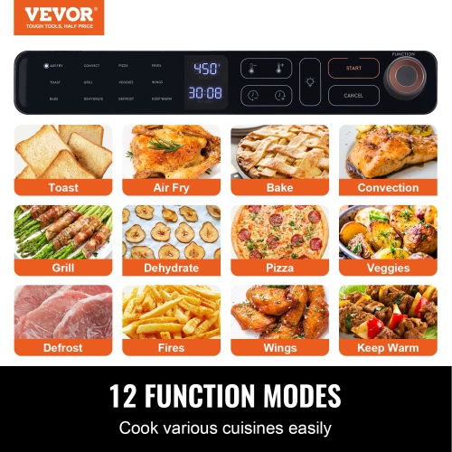 VEVOR 12-IN-1 Air Fryer Toaster Oven, 25L Convection Oven, 1700W Stainless Steel Toaster Ovens Countertop Combo with Grill, Pizza Pan, Gloves, 12