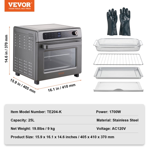 VEVOR 12-IN-1 Air Fryer Toaster Oven, 25L Convection Oven, 1700W Stainless Steel Toaster Ovens Countertop Combo with Grill, Pizza Pan, Gloves, 12