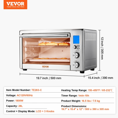 VEVOR 10-IN-1 Convection Oven, 28L/29.6Qt Multifunctional Conventional Oven Countertop, 1800W 4-Tier Toaster with Glass Door, with Trays Wire Racks