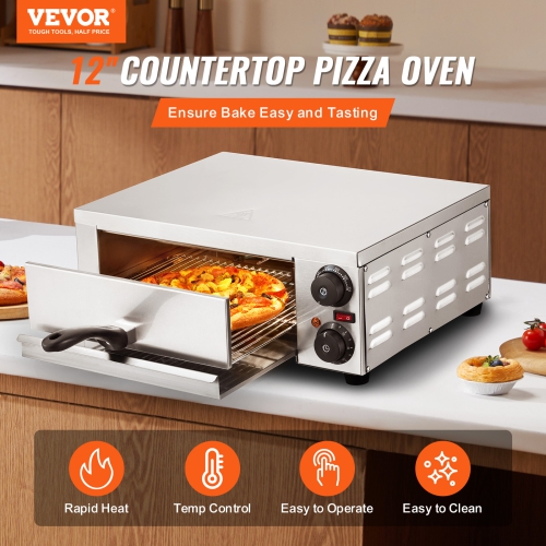 VEVOR 1500W Electric Pizza Oven for Countertops, 12-inch, with Temp Control & 0-120 Min Timer, Even Baking Technology & Easy Clean Crumb Tray, for