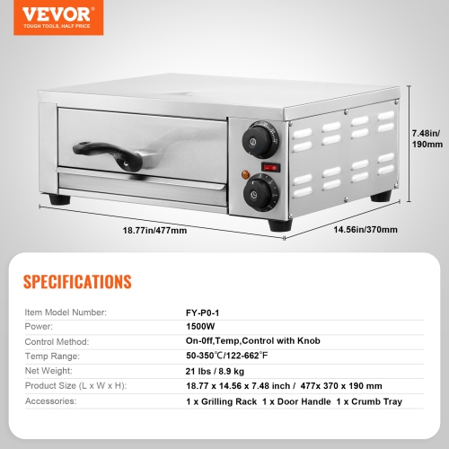 VEVOR 1500W Electric Pizza Oven for Countertops, 12-inch, with Temp Control & 0-120 Min Timer, Even Baking Technology & Easy Clean Crumb Tray, for