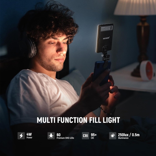 Basic Selfie Light with Front & Back Phone Clip, 60 LED 2000mAh Rechargeable CRI 95+, 3 Light Modes, Portable Clip on Light for Phone/Tablet/Laptop