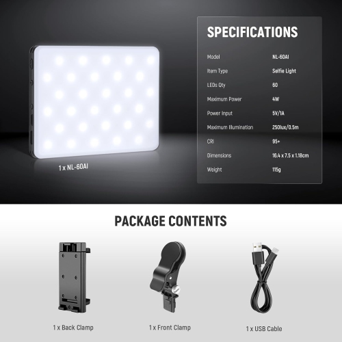 Basic Selfie Light with Front & Back Phone Clip, 60 LED 2000mAh Rechargeable CRI 95+, 3 Light Modes, Portable Clip on Light for Phone/Tablet/Laptop