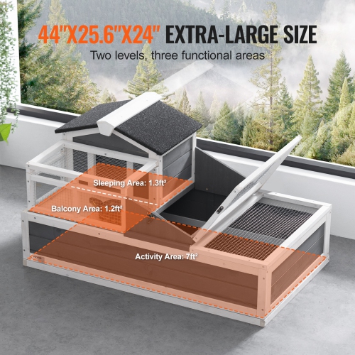 VEVOR 44"x25.6"x24" 3-Room Tortoise House,Tortoise Habitat with Balcony & 2 Stories, Wooden Tortoise Enclosure Indoor & Outdoor with Ramp, Tray,