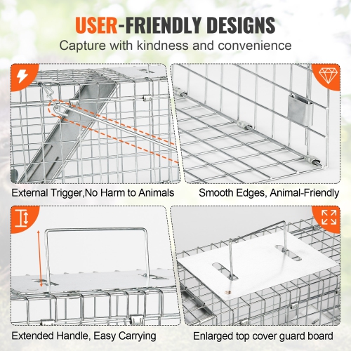 VEVOR Live Animal Cage Trap, 24" x 8" x 8" Humane Cat Trap Galvanized Iron, Folding Animal Trap with Handle for Rabbits, Stray Cats, Squirrels,