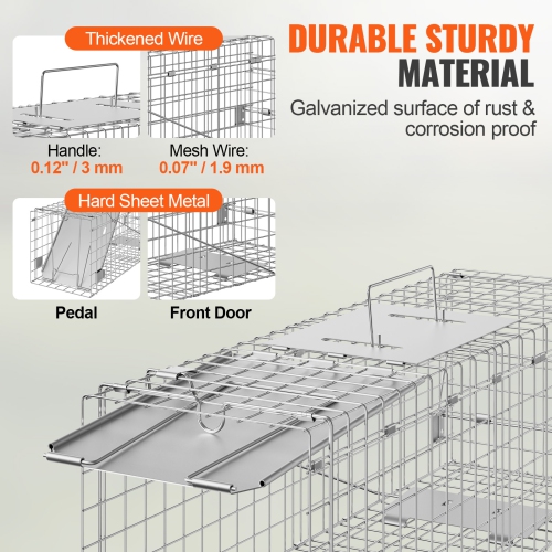 VEVOR Live Animal Cage Trap, 24" x 8" x 8" Humane Cat Trap Galvanized Iron, Folding Animal Trap with Handle for Rabbits, Stray Cats, Squirrels,