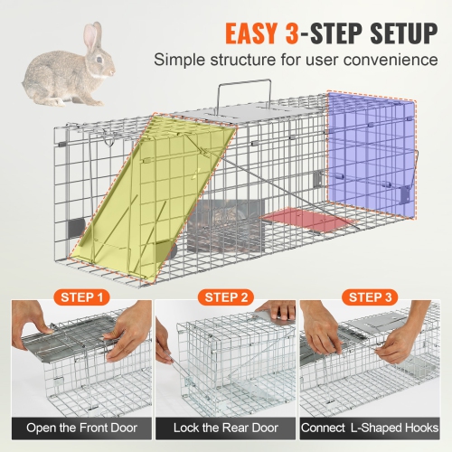 VEVOR Live Animal Cage Trap, 24" x 8" x 8" Humane Cat Trap Galvanized Iron, Folding Animal Trap with Handle for Rabbits, Stray Cats, Squirrels,