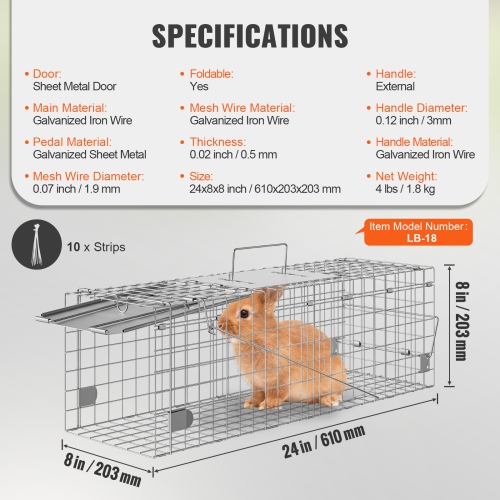 VEVOR Live Animal Cage Trap, 24" x 8" x 8" Humane Cat Trap Galvanized Iron, Folding Animal Trap with Handle for Rabbits, Stray Cats, Squirrels,