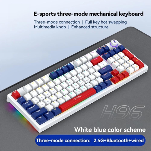 Mechanical Keyboard Gaming Keyboard Wireless 96-Key Hot-Swap Bluetooth Keyboard 5.0/2.4G/Wired with Keycap Puller Blue, White and Red