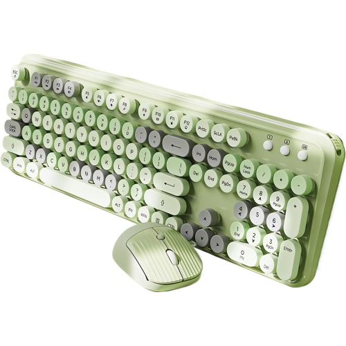 GREEN SCENIC  Wireless Keyboard And Mouse Combo, Beautiful Typewriter Style Membrane, Silent, 105 Keys, Full Size, Colorful Retro Round Keycaps