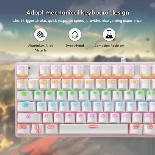 Mechanical keyboard 87 keys wired USB gaming e-sports mechanical keyboard blue axis-White