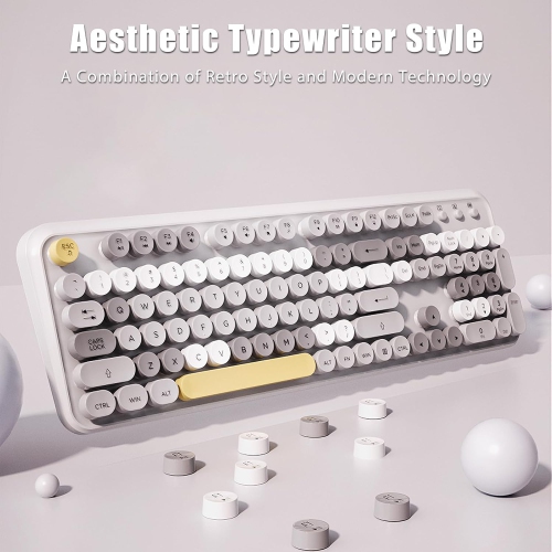 Clavier et souris sans fil, magnifique membrane de type machine à écrire, silencieux, 105 touches, pleine grandeur, touches rondes rétro colorées,