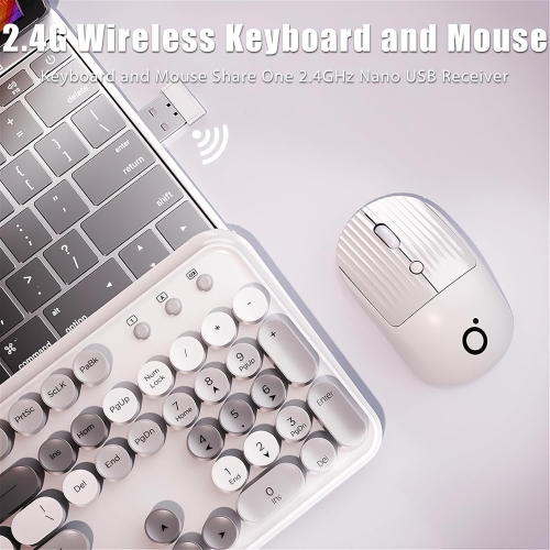 Clavier et souris sans fil, magnifique membrane de type machine à écrire, silencieux, 105 touches, pleine grandeur, touches rondes rétro colorées,