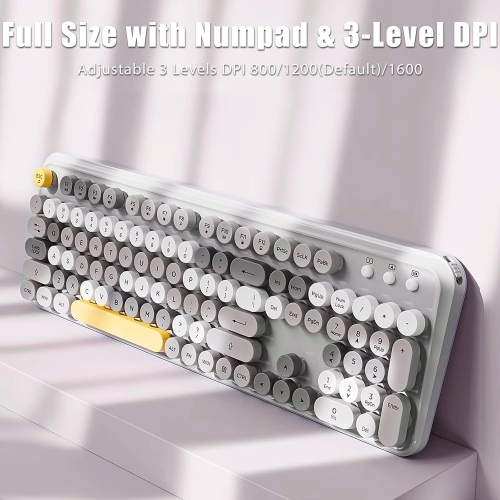 Clavier et souris sans fil, magnifique membrane de type machine à écrire, silencieux, 105 touches, pleine grandeur, touches rondes rétro colorées,