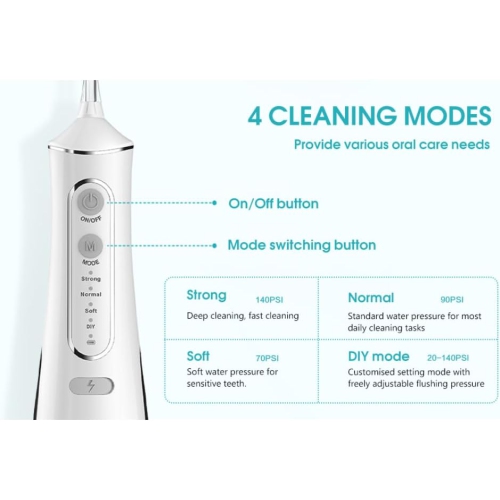 Professional Wireless IPX7 Waterproof Oral Flosser - 4 Modes, 1400-1800 Pulses/Minute, 300ml Water Tank, 4 Nozzles for Braces and Sensitive Teeth