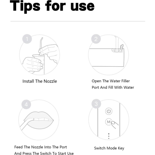 Dental irrigator, oral irrigator, IPX7 waterproof, includes 4 function nozzles, 3 water pressure modes, USB charging, up to 30 days of use, water