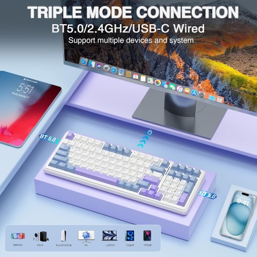 Wireless Mechanical Keyboard, Tri-Mode BT5.0/2.4GHz/USB-C Hot-Swap Custom Keyboard, RGB Backlit Gaming Keyboard