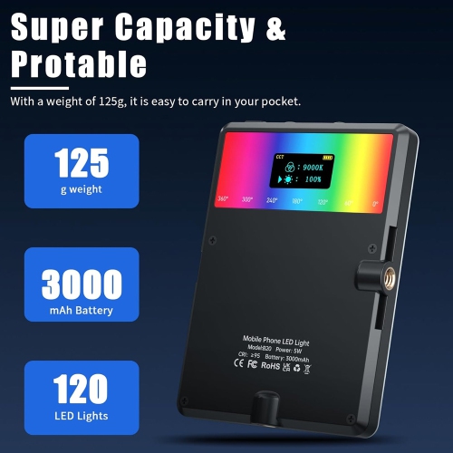 RGB Selfie Light for Phone, 90 LED Phone Light with 360° Full Color CRI 95+ Dimmable 2500K-8500K, 3000mAh Video Light for Phone iPad, Laptop, Makeup,