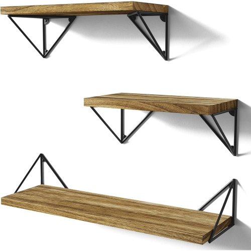 Image 1 of 5.. SRIWATANA Floating Shelves – Rustic Wall-Mounted Shelf Set of 3 for Bedroom, Bathroom, Kitchen