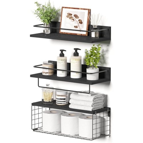 Image 1 of 5.. upsimples Bathroom Shelves with Basket & Towel Bar – Wall-Mounted Wood Floating Shelf Over Toilet