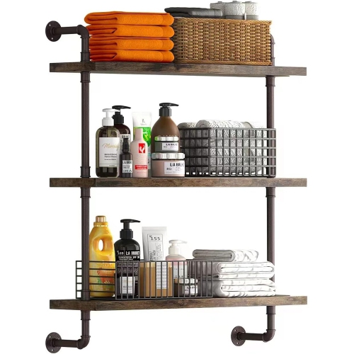 Image 1 of 5.. Helsin 3-Tier Industrial Pipe Shelf – Rustic Wood Floating Wall Shelf