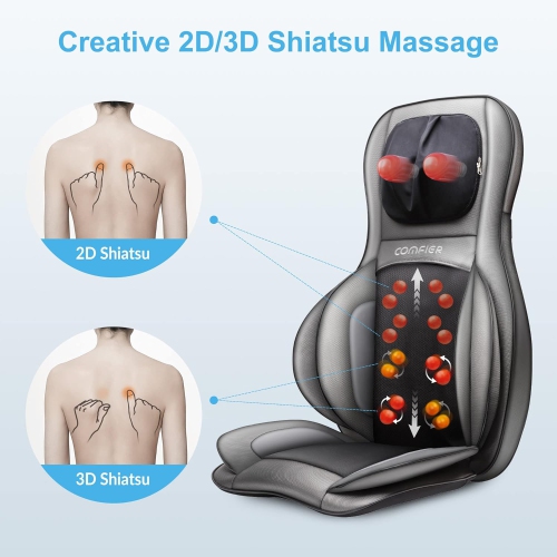Appareil de massage shiatsu pour le dos de COMFIER avec chaleur, coussin de fauteuil de massage à compression d'air, coussins de siège, cadeaux, noir