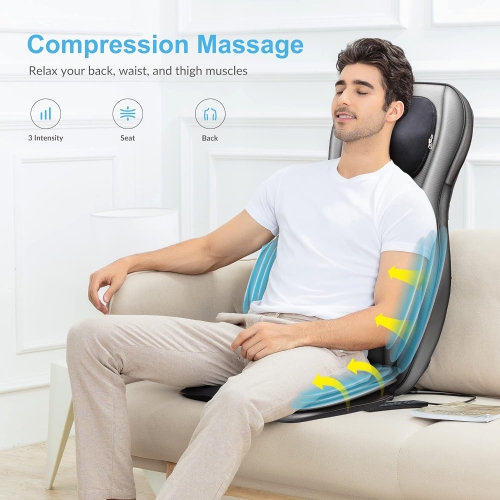 Appareil de massage shiatsu pour le dos de COMFIER avec chaleur, coussin de fauteuil de massage à compression d'air, coussins de siège, cadeaux, noir