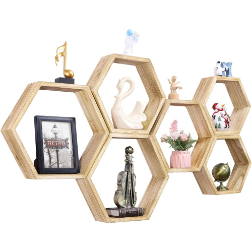 Image 1 de 5.. Ensemble de 6 tablettes flottantes hexagonales NORCEESAN - Tablettes murales en nid d'abeilles rustiques pour chambre de bébé, chambre à coucher,
