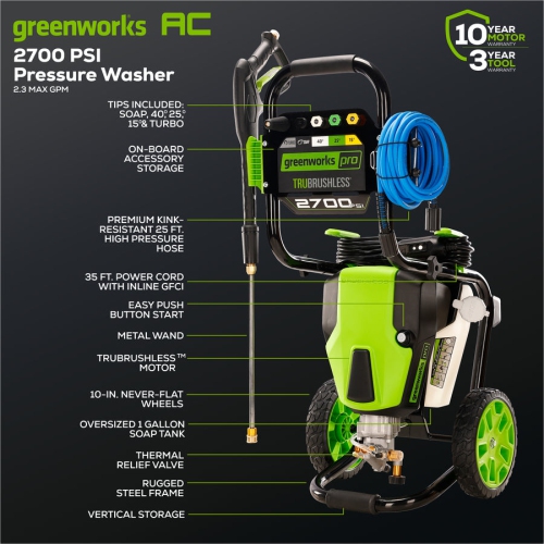 Greenworks 2700 PSI 1.2 GPM 14 Amp Electric Pressure Washer - GPW2700