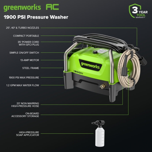 Greenworks 1900 PSI, 1.2 GPM. 20ft High-Pressure Hose, 35ft GFCI Plug, 25 degree, Turbo, Soap Applicator