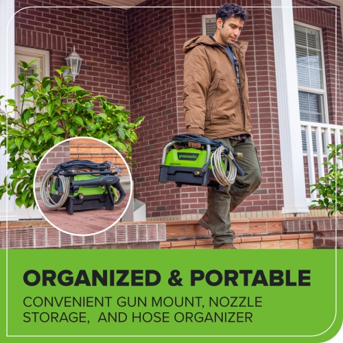 Greenworks 1900 PSI, 1.2 GPM. 20ft High-Pressure Hose, 35ft GFCI Plug, 25 degree, Turbo, Soap Applicator