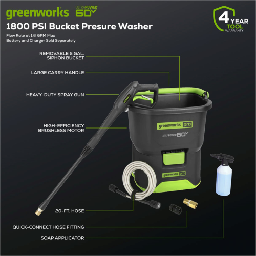 Greenworks 60V 1800 PSI 1.0 GPM Bucket Pressure Washer