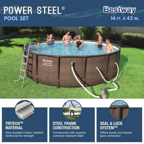 Bestway Power Steel 14' x 42" Above Ground Outdoor Swimming Pool Set with Pump